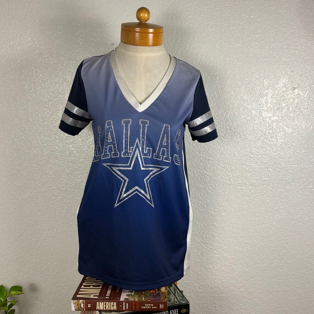 Cowboys HerStyle V-Neck Jersey Top Womens Size S Blue Excellent Ombre Rhinestone